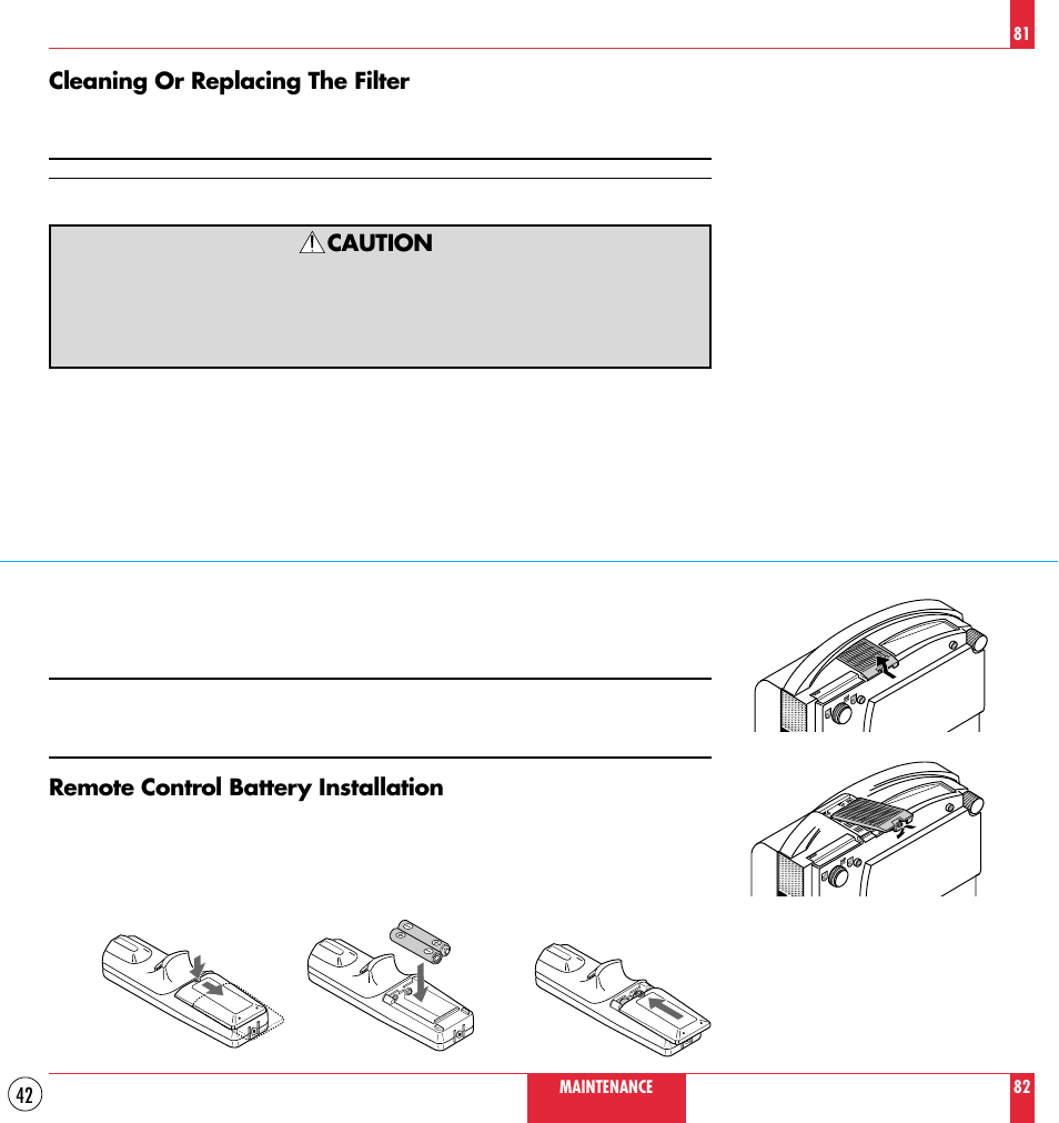 Cleaning or replacing the filter, Caution, Remote control battery installation | NEC MT830TM /1030TM User Manual | Page 42 / 53