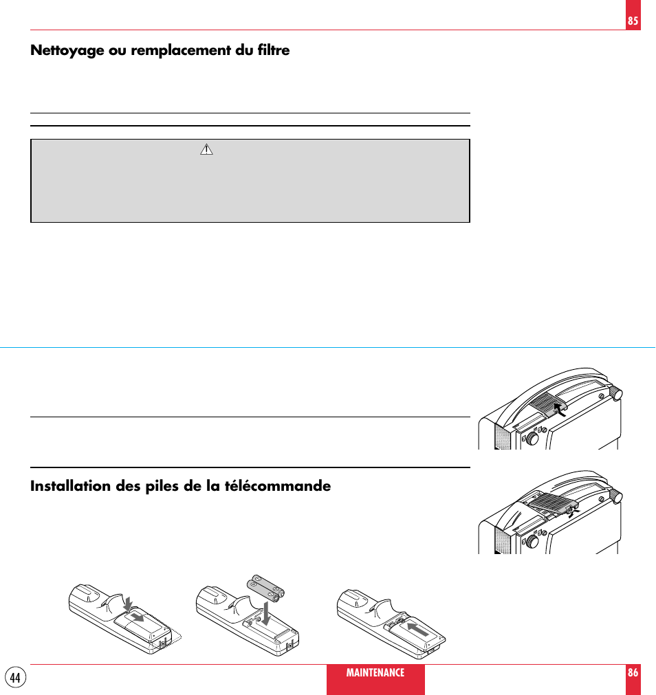 Nettoyage ou remplacement du filtre, Installation des piles de la télécommande | NEC MT830TM /1030TM User Manual | Page 44 / 53