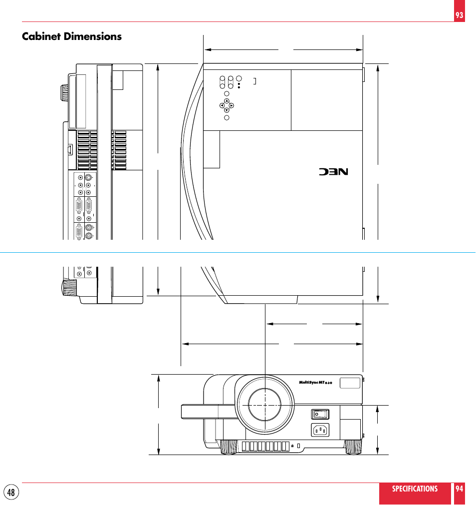 Cabinet dimensions, Specifications 93 94, Unit : inch (mm) | NEC MT830TM /1030TM User Manual | Page 48 / 53