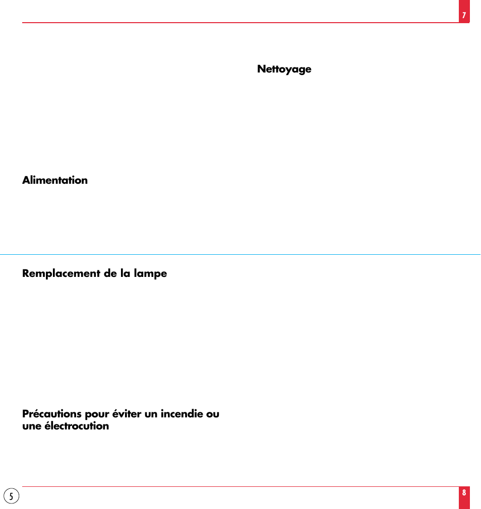 Alimentation, Nettoyage, Remplacement de la lampe | NEC MT830TM /1030TM User Manual | Page 5 / 53