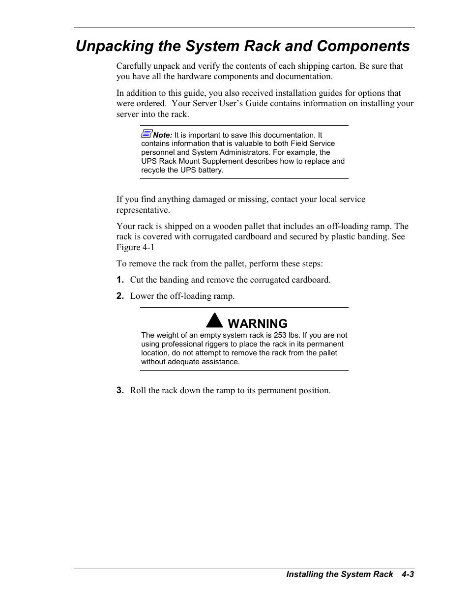 Unpacking the system rack and components, Warning | NEC EXPRESS800 User Manual | Page 41 / 78