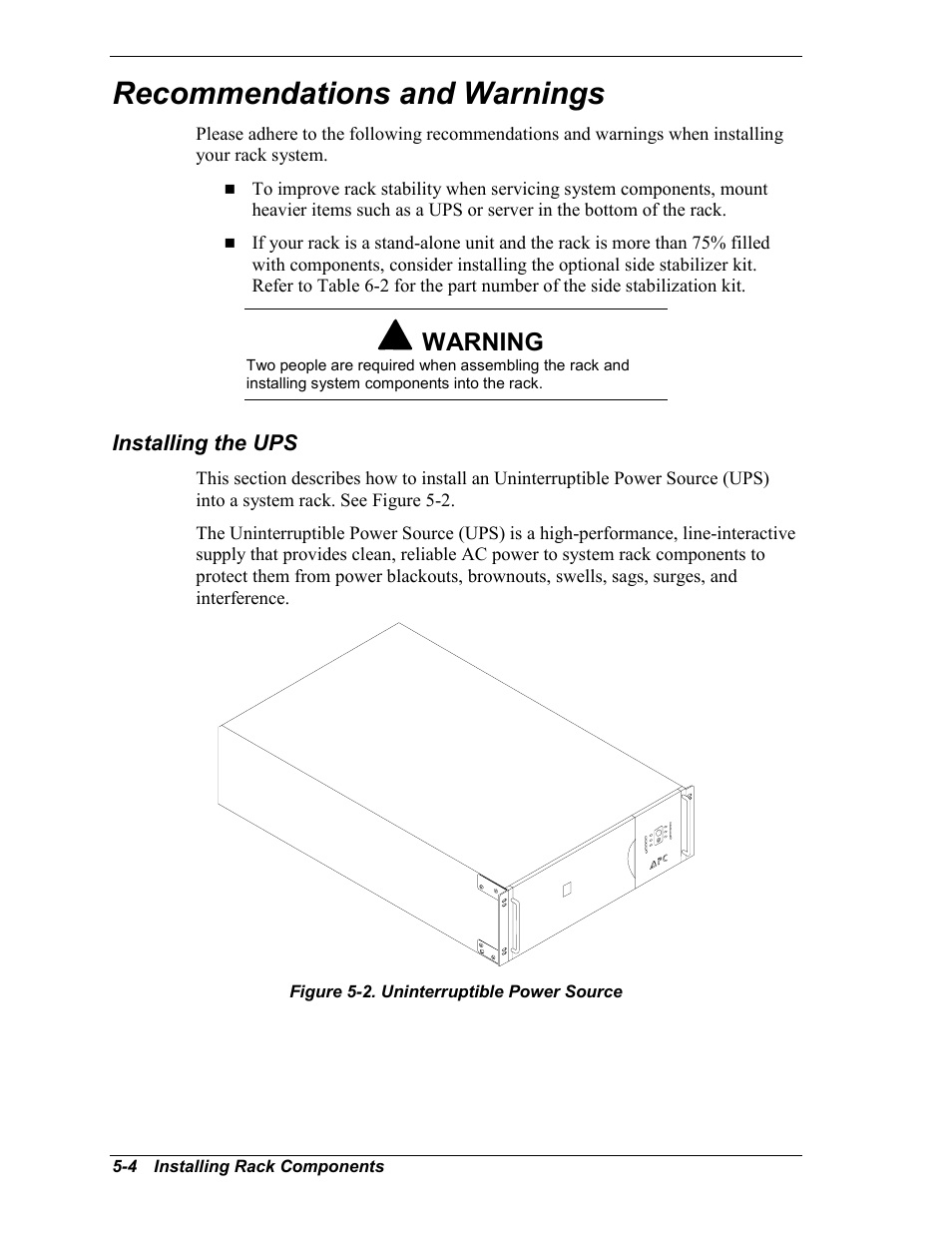 Recommendations and warnings, Installing the ups, Warning | NEC EXPRESS800 User Manual | Page 52 / 78