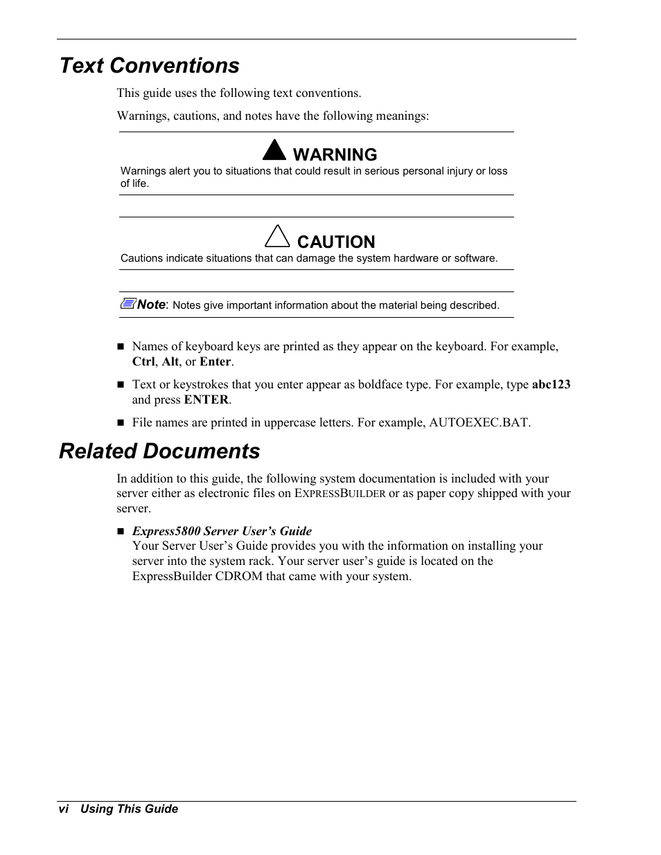 Text conventions, Related documents, Warning | Caution | NEC EXPRESS800 User Manual | Page 8 / 78