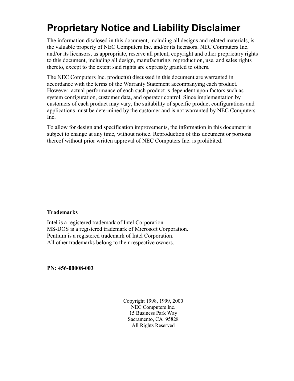 Proprietary notice and liability disclaimer | NEC MH4500 User Manual | Page 4 / 186