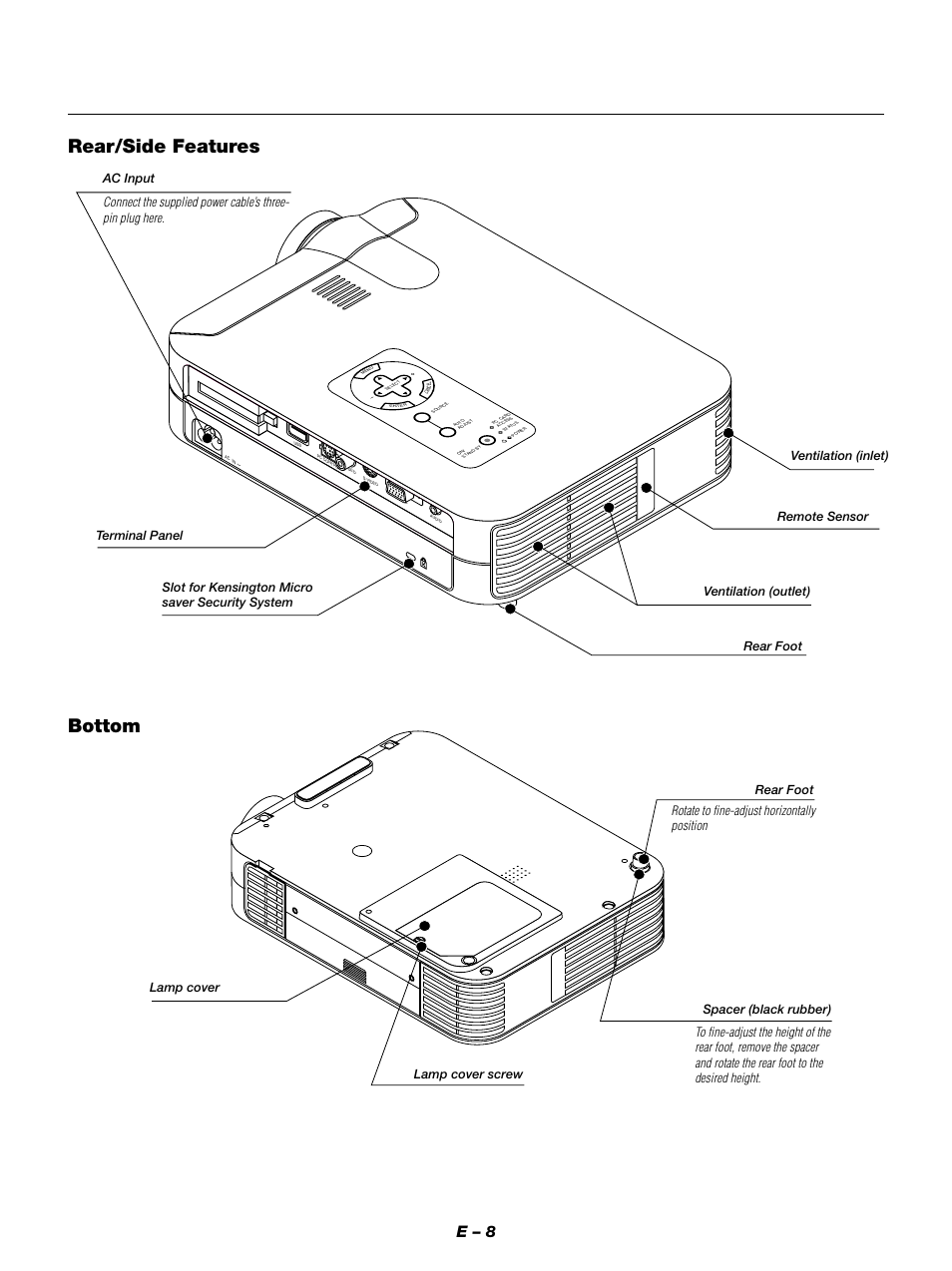 Rear/side features, Bottom, E – 8 | Rotate to fine-adjust horizontally position, Ac input, Lamp cover lamp cover screw rear foot, Spacer (black rubber) | NEC LT154 User Manual | Page 11 / 60