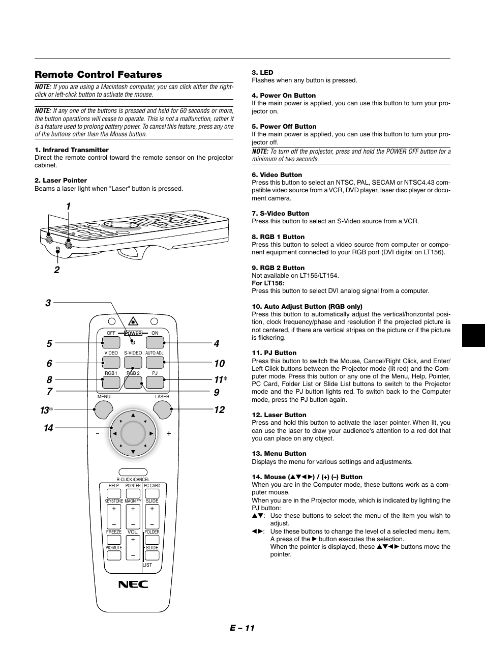 Remote control features, E – 11 | NEC LT154 User Manual | Page 14 / 60