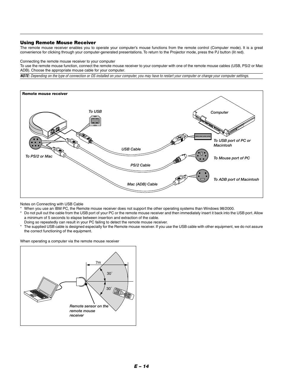 E – 14 using remote mouse receiver | NEC LT154 User Manual | Page 17 / 60