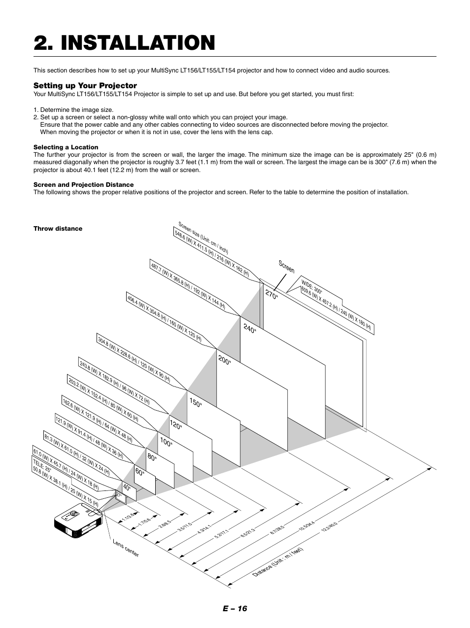 Installation, E – 16, Setting up your projector | NEC LT154 User Manual | Page 19 / 60