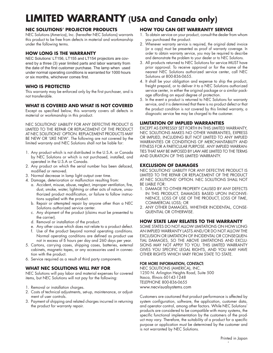 Limited warranty, Usa and canada only) | NEC LT154 User Manual | Page 2 / 60