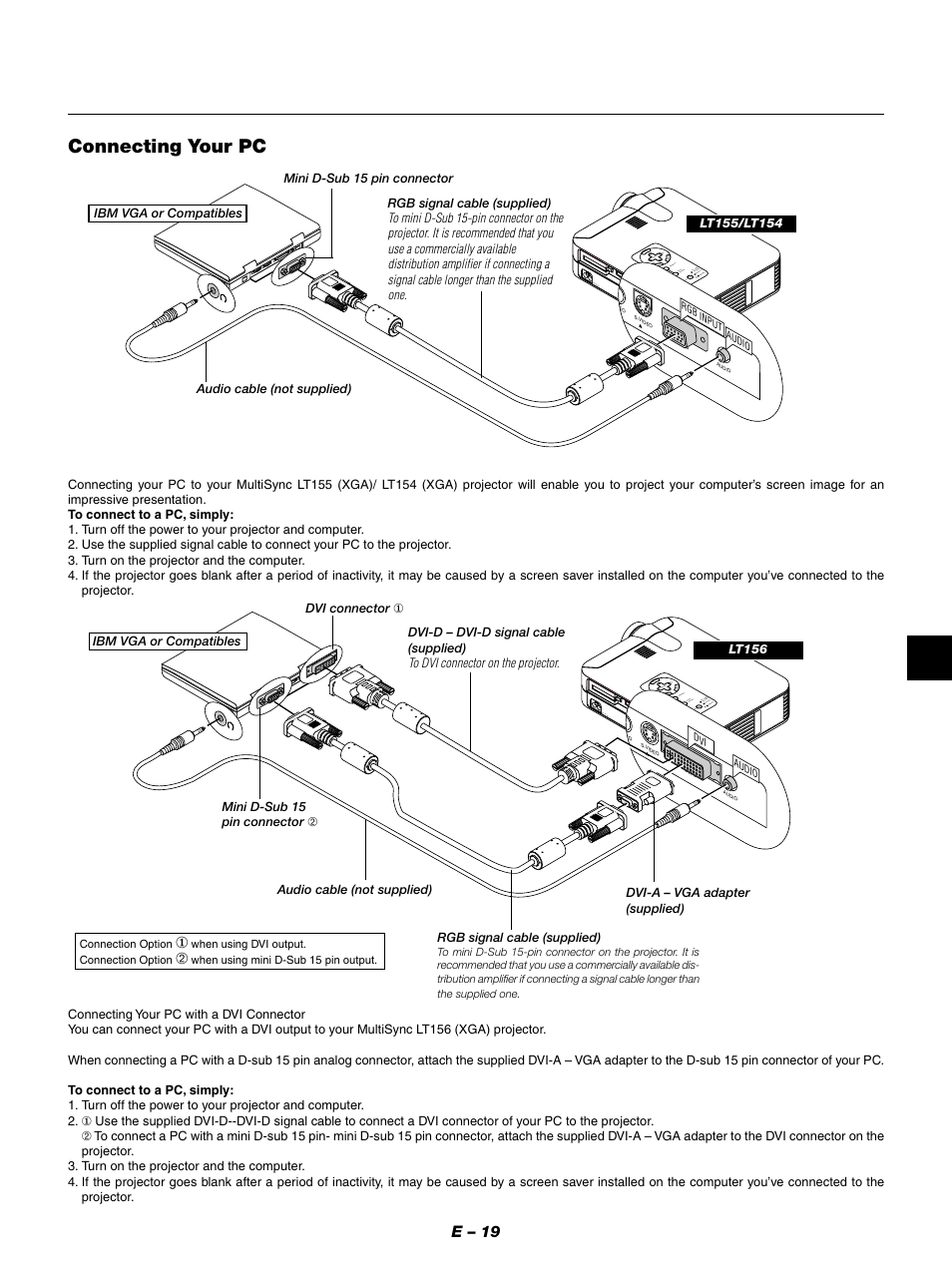 Connecting your pc, E – 19 | NEC LT154 User Manual | Page 22 / 60