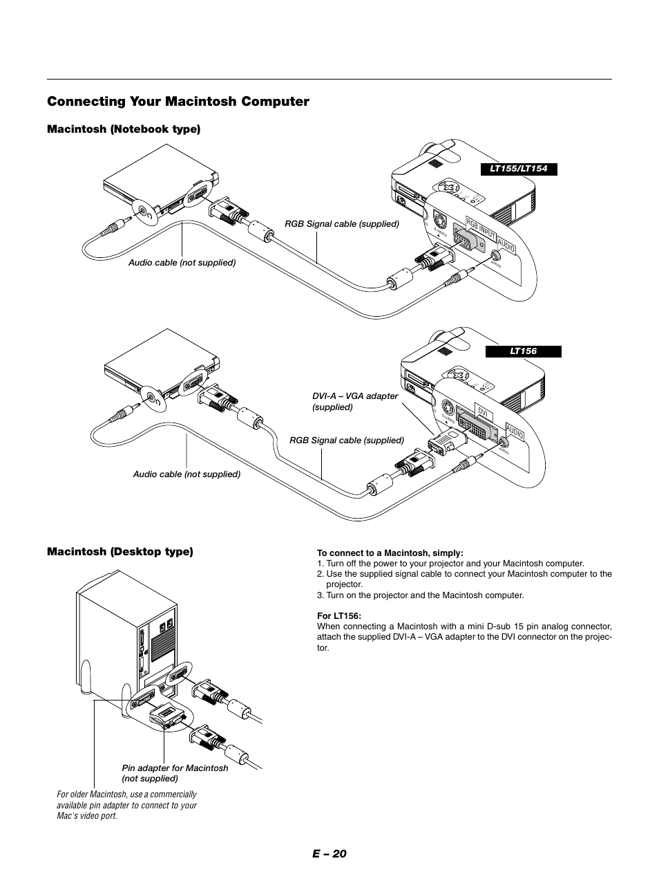 Connecting your macintosh computer, E – 20, Macintosh (desktop type) | NEC LT154 User Manual | Page 23 / 60