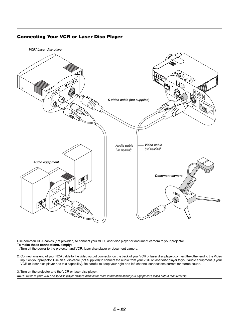 Connecting your vcr or laser disc player, E – 22, Ue nter | Not supplied), Audio cable, Video cable, Document camera | NEC LT154 User Manual | Page 25 / 60