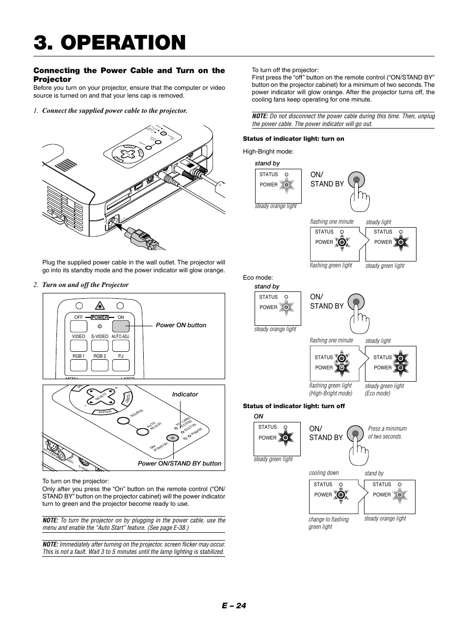 Operation, E – 24, On/ stand by | Connect the supplied power cable to the projector, Turn on and off the projector | NEC LT154 User Manual | Page 27 / 60