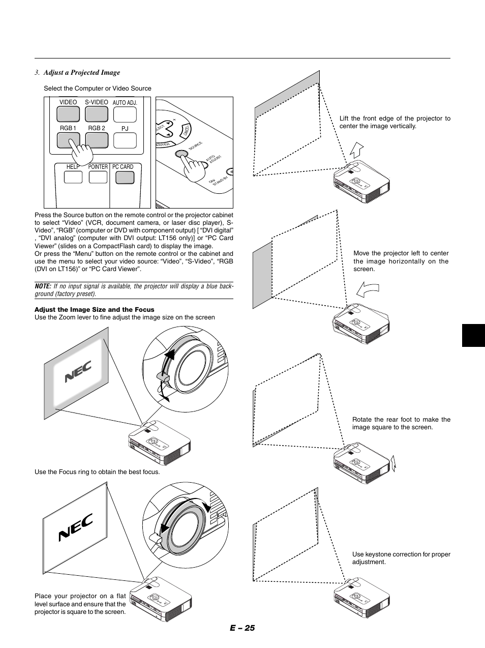 E – 25, Adjust a projected image | NEC LT154 User Manual | Page 28 / 60