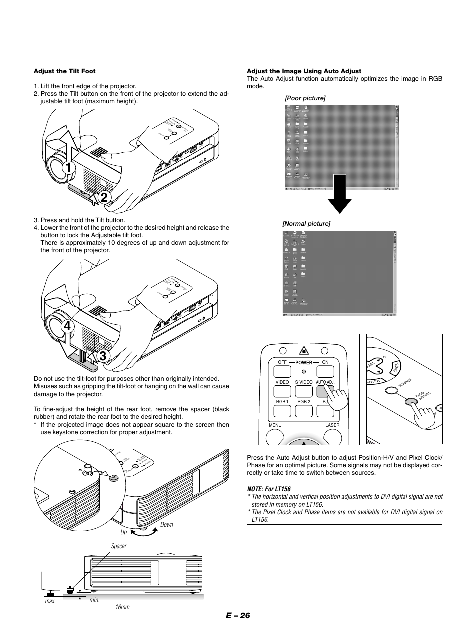 E – 26, Max. min. 16mm spacer up down | NEC LT154 User Manual | Page 29 / 60