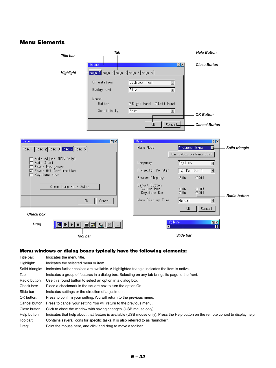 Menu elements | NEC LT154 User Manual | Page 35 / 60