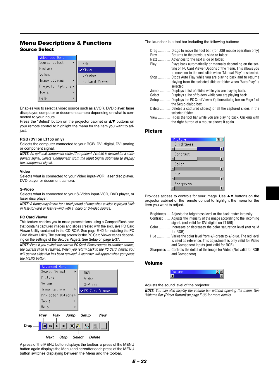 Menu descriptions & functions, E – 33, Picture | Source select, Volume | NEC LT154 User Manual | Page 36 / 60