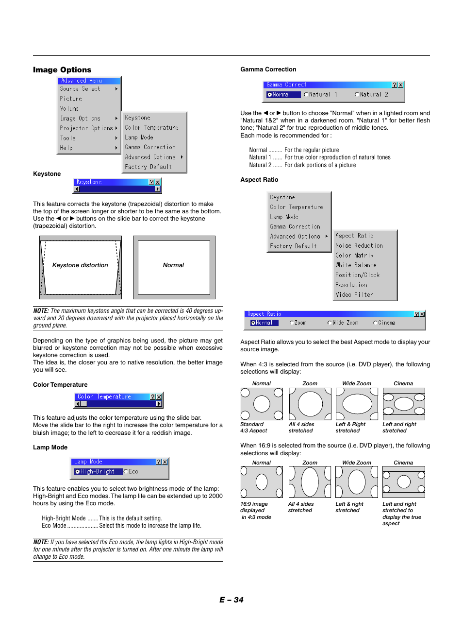 E – 34 image options | NEC LT154 User Manual | Page 37 / 60