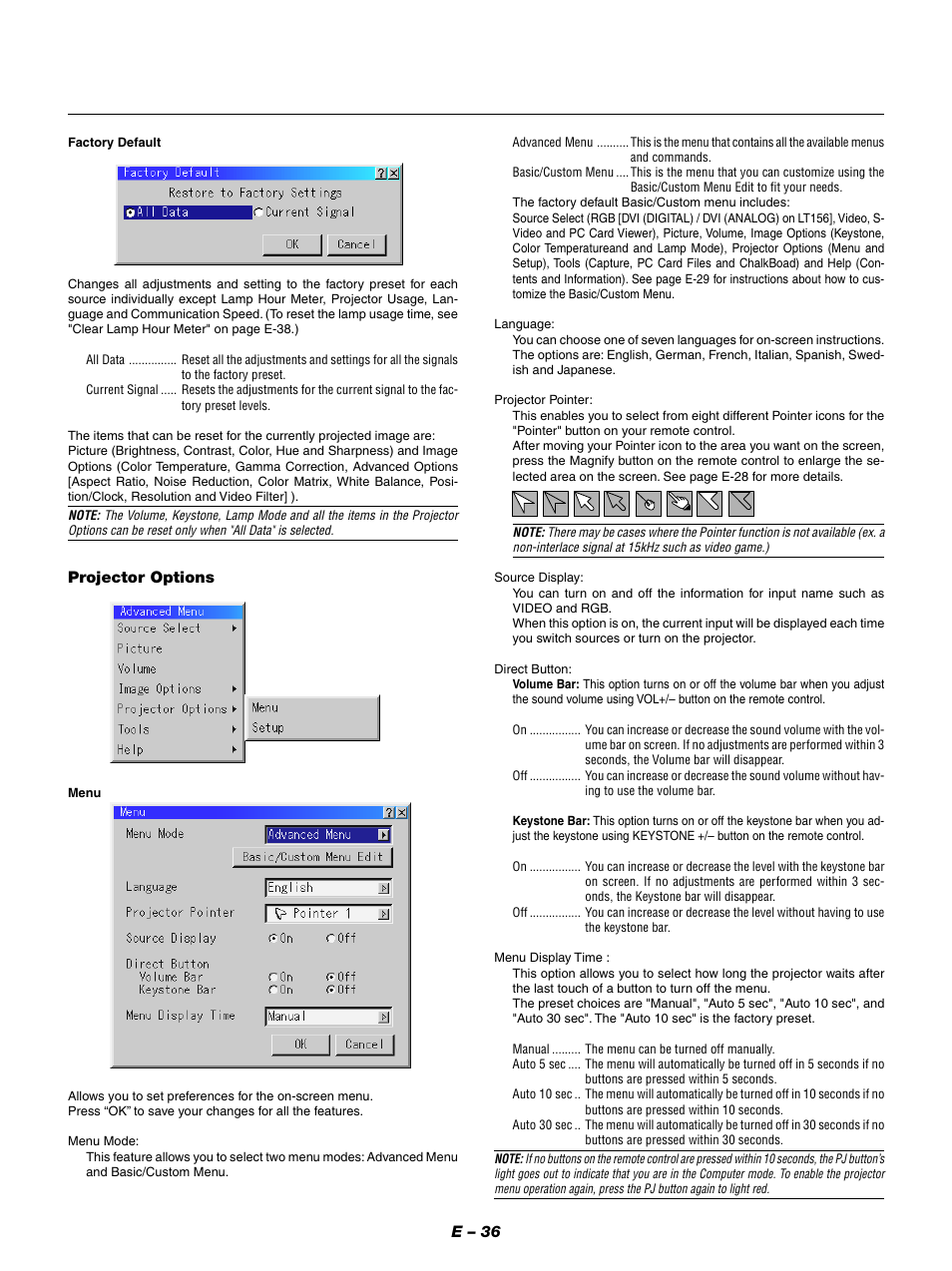 E – 36, Projector options | NEC LT154 User Manual | Page 39 / 60