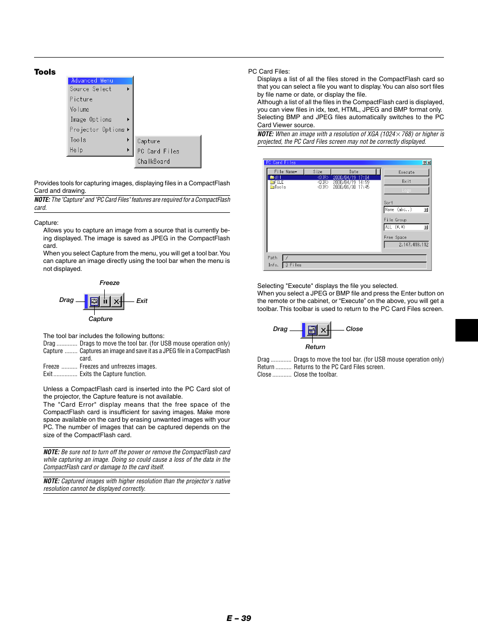 E – 39 tools | NEC LT154 User Manual | Page 42 / 60