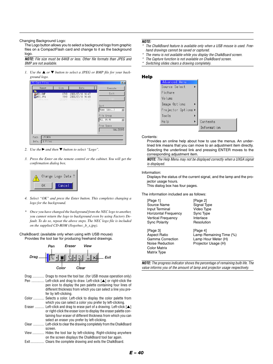 E – 40, Help | NEC LT154 User Manual | Page 43 / 60