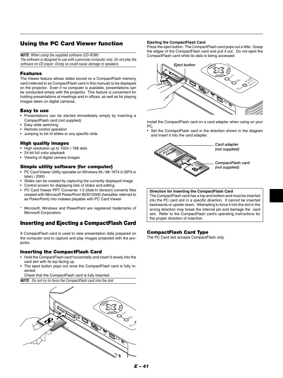 Using the pc card viewer function, Inserting and ejecting a compactflash card, E – 41 | Features, Easy to use, High quality images, Simple utility software (for computer), Inserting the compactflash card, Compactflash card type, The pc card slot accepts compactflash only | NEC LT154 User Manual | Page 44 / 60