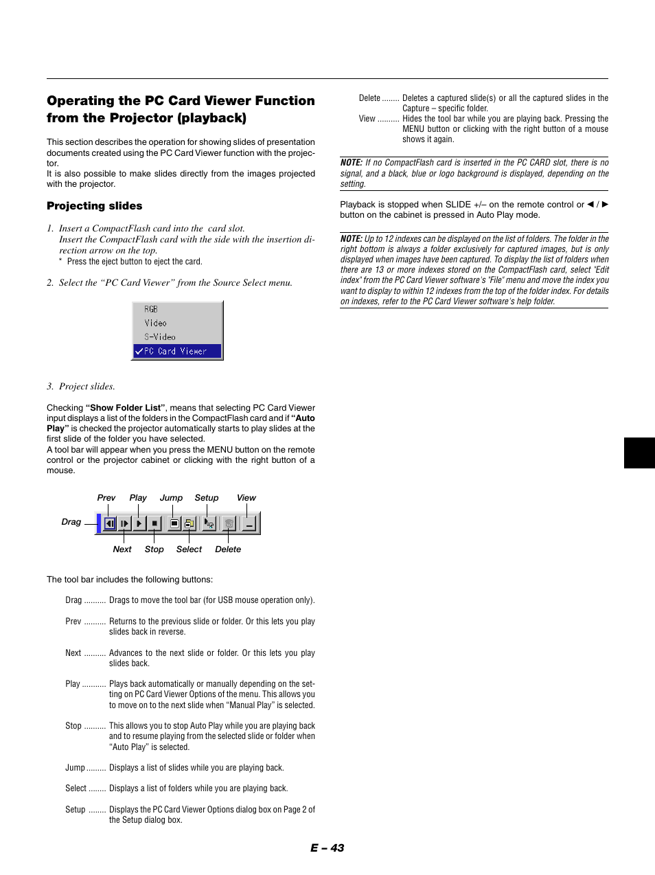 E – 43, Projecting slides | NEC LT154 User Manual | Page 46 / 60