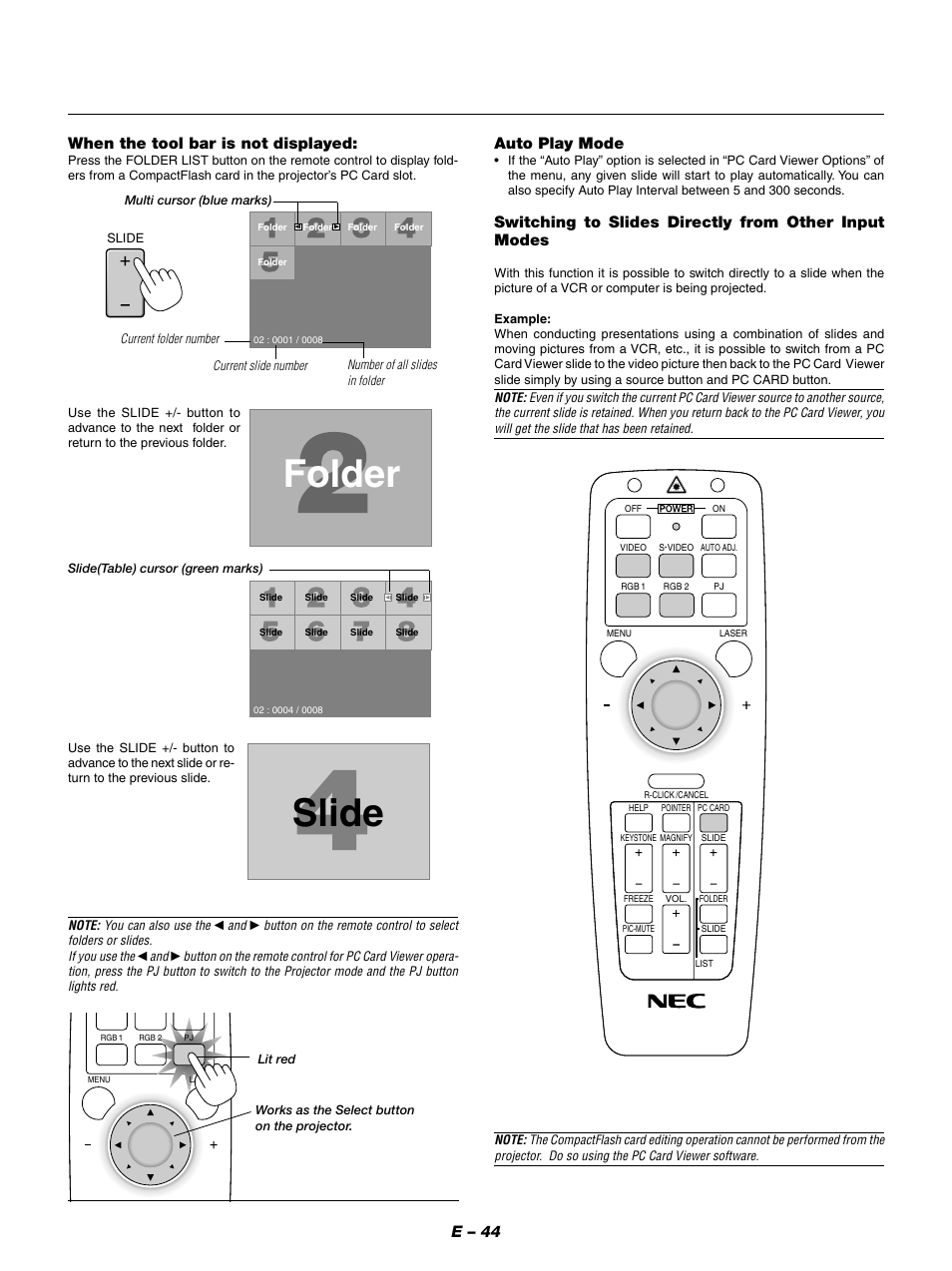 Slide, Folder, E – 44 when the tool bar is not displayed | Auto play mode | NEC LT154 User Manual | Page 47 / 60