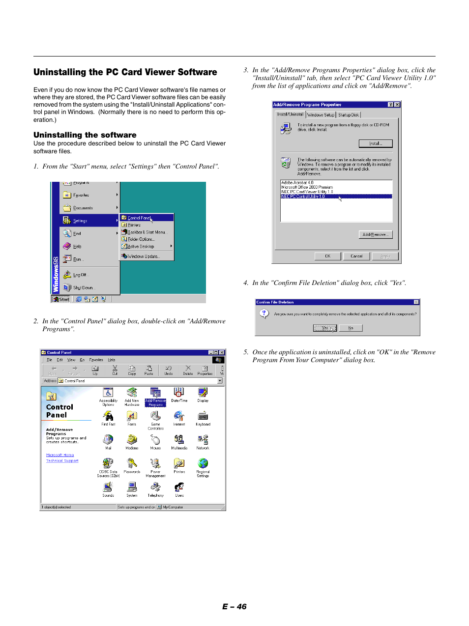 Uninstalling the pc card viewer software | NEC LT154 User Manual | Page 49 / 60