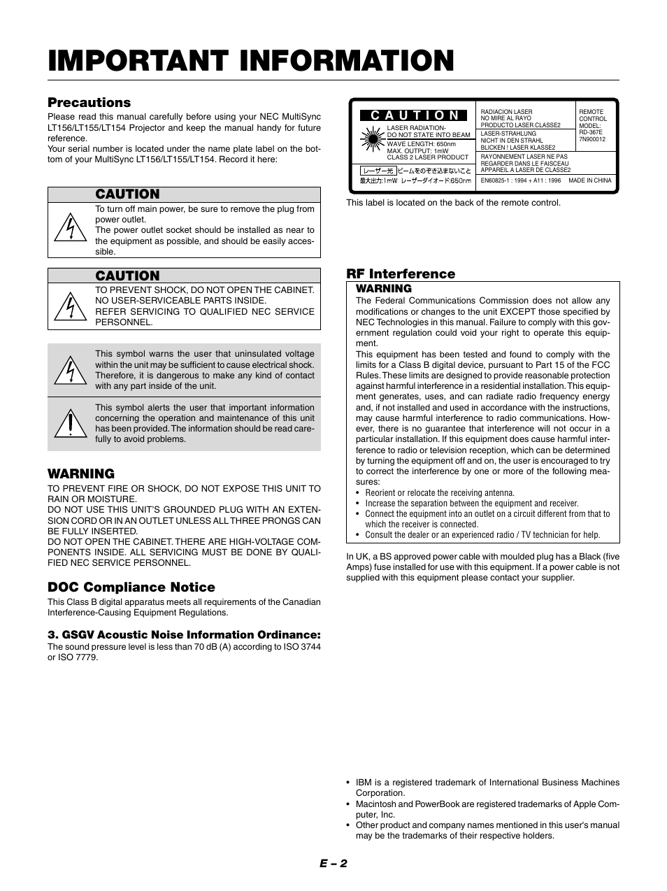 Important information, Precautions, Caution | Warning, Doc compliance notice, Rf interference | NEC LT154 User Manual | Page 5 / 60