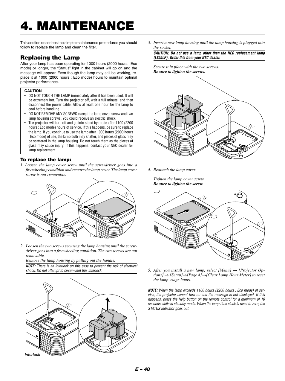 Maintenance, Replacing the lamp | NEC LT154 User Manual | Page 51 / 60