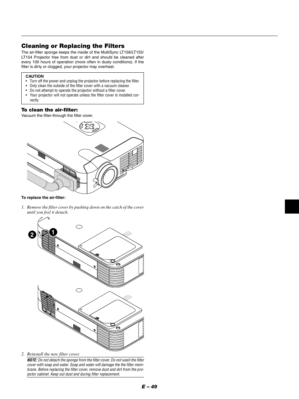 Cleaning or replacing the filters, E – 49 | NEC LT154 User Manual | Page 52 / 60