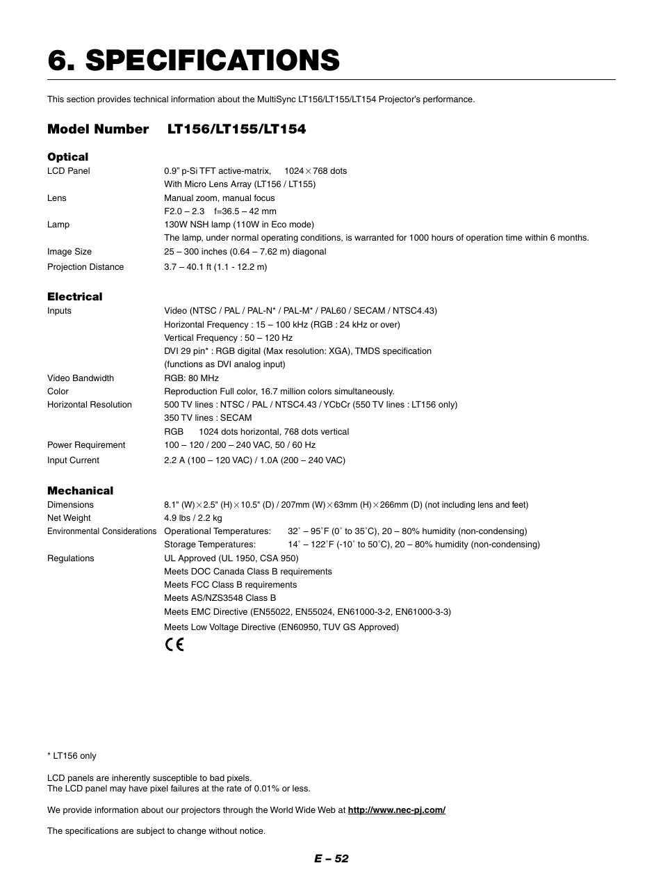 Specifications | NEC LT154 User Manual | Page 55 / 60