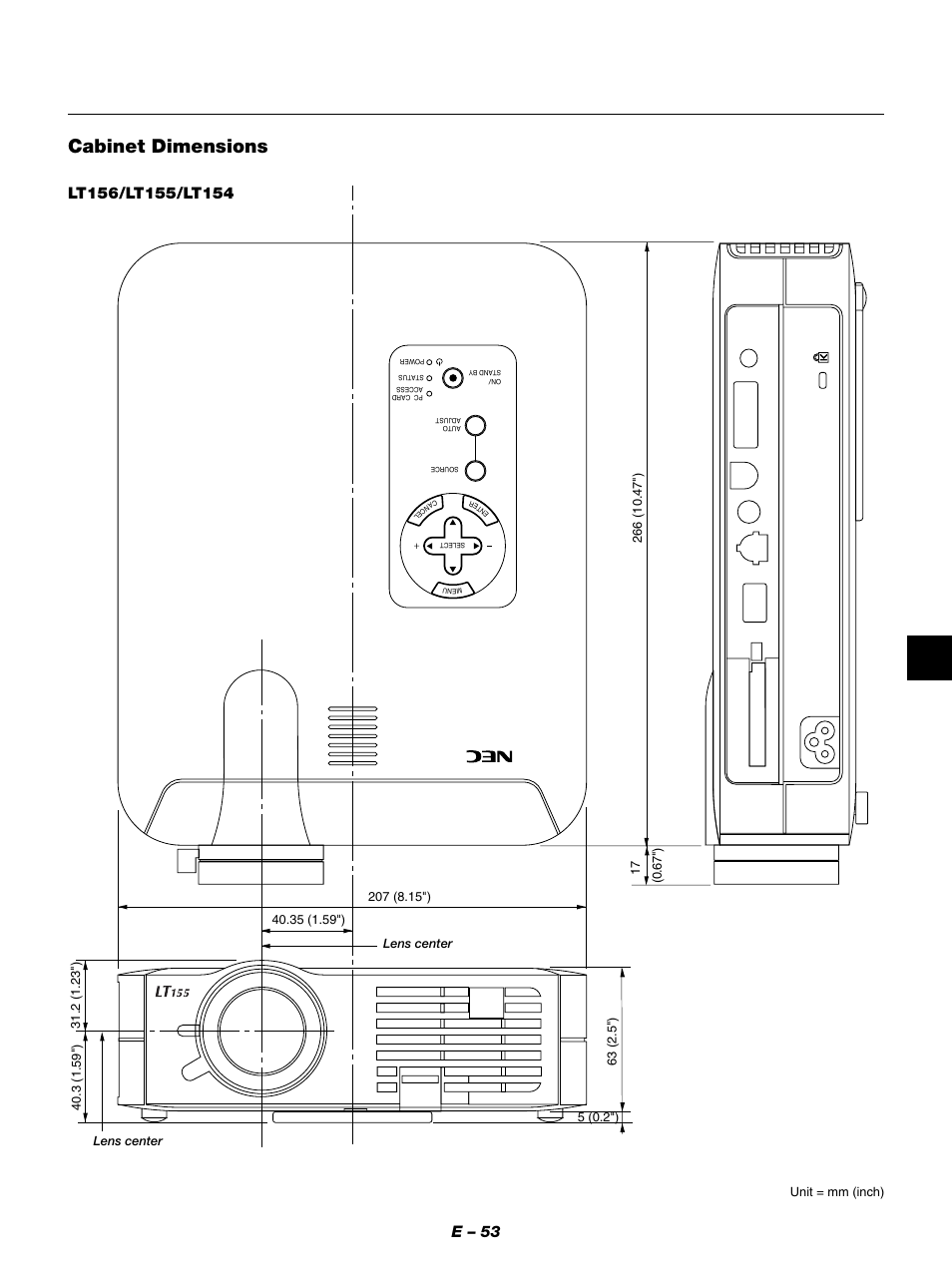 Cabinet dimensions, E – 53 | NEC LT154 User Manual | Page 56 / 60