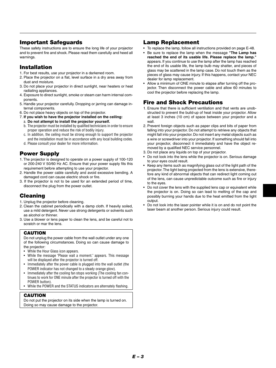 Important safeguards, Installation, Power supply | Cleaning, Lamp replacement, Fire and shock precautions | NEC LT154 User Manual | Page 6 / 60