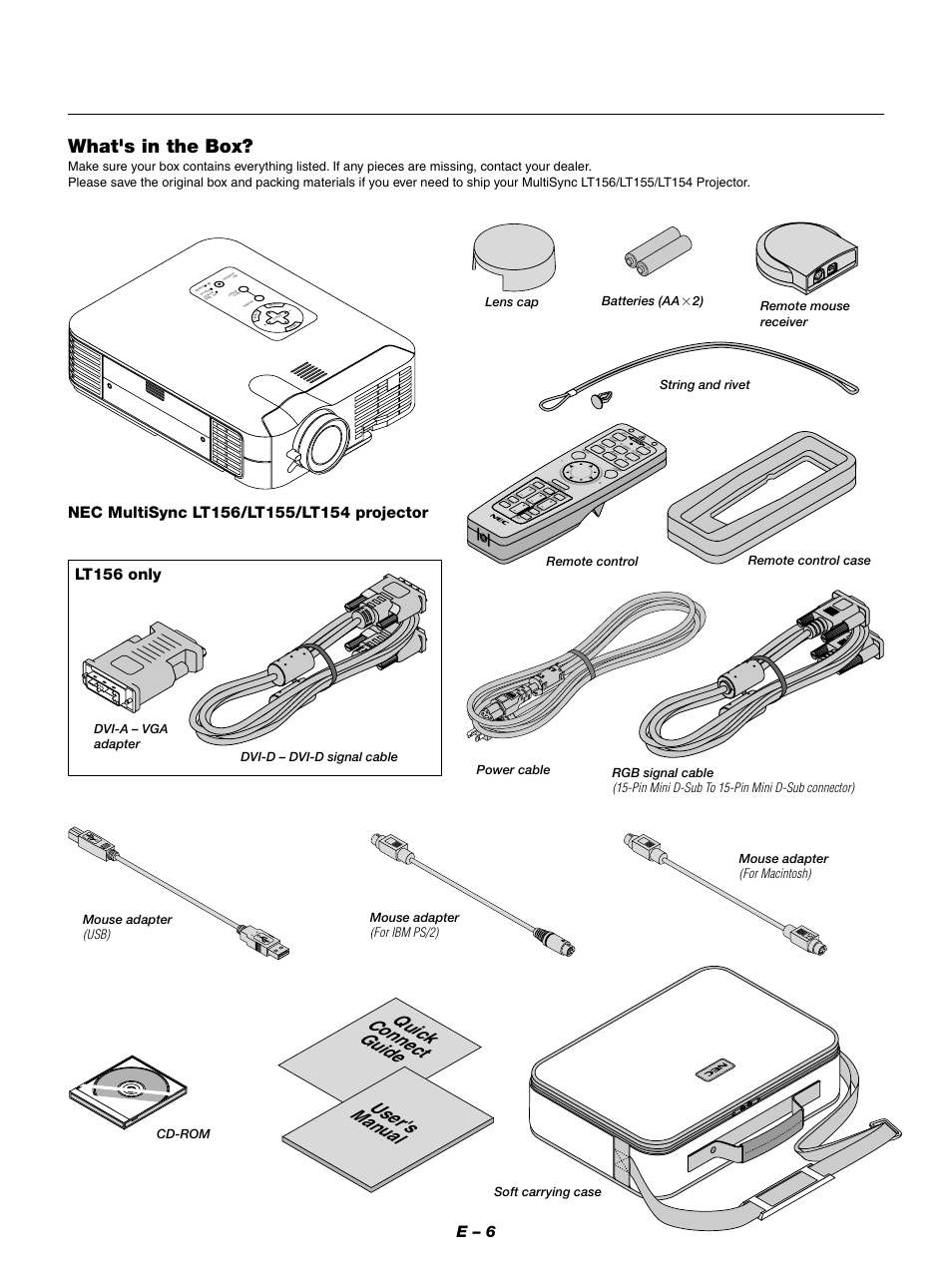 Quick connect guide user's manual, What's in the box, E – 6 | Lt156 only, Pin mini d-sub to 15-pin mini d-sub connector), For ibm ps/2), For macintosh), Usb), Mouse adapter, Cd-rom remote control mouse adapter | NEC LT154 User Manual | Page 9 / 60