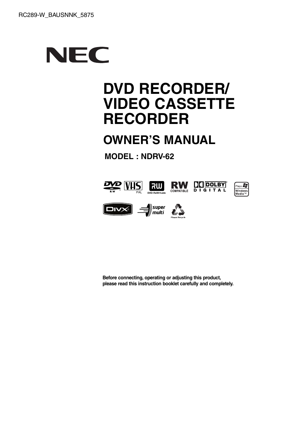 NEC NDRV-62 User Manual | 61 pages