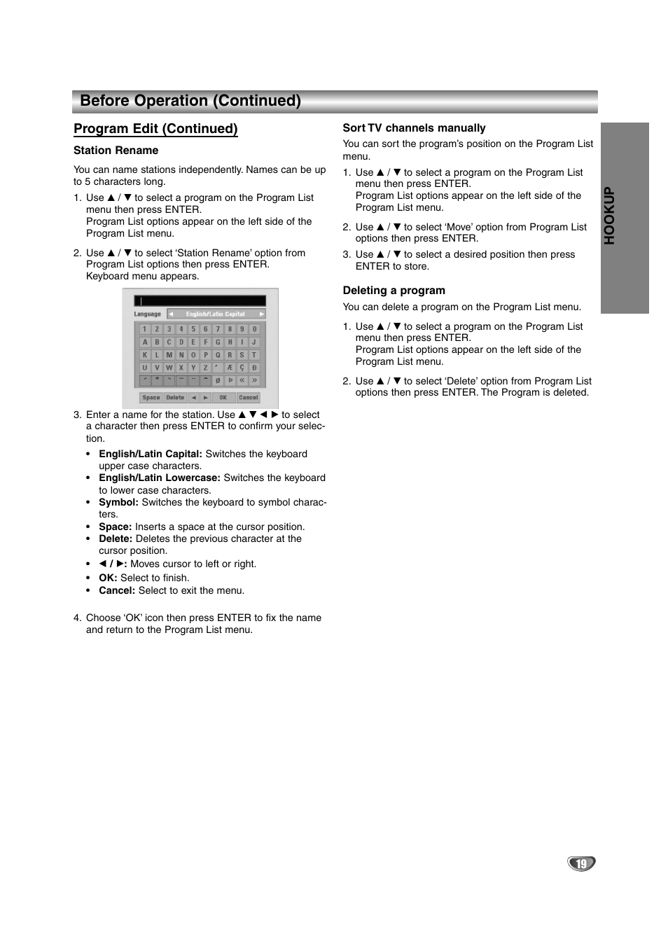 Before operation (continued), Hookup, Program edit (continued) | NEC NDRV-62 User Manual | Page 19 / 61