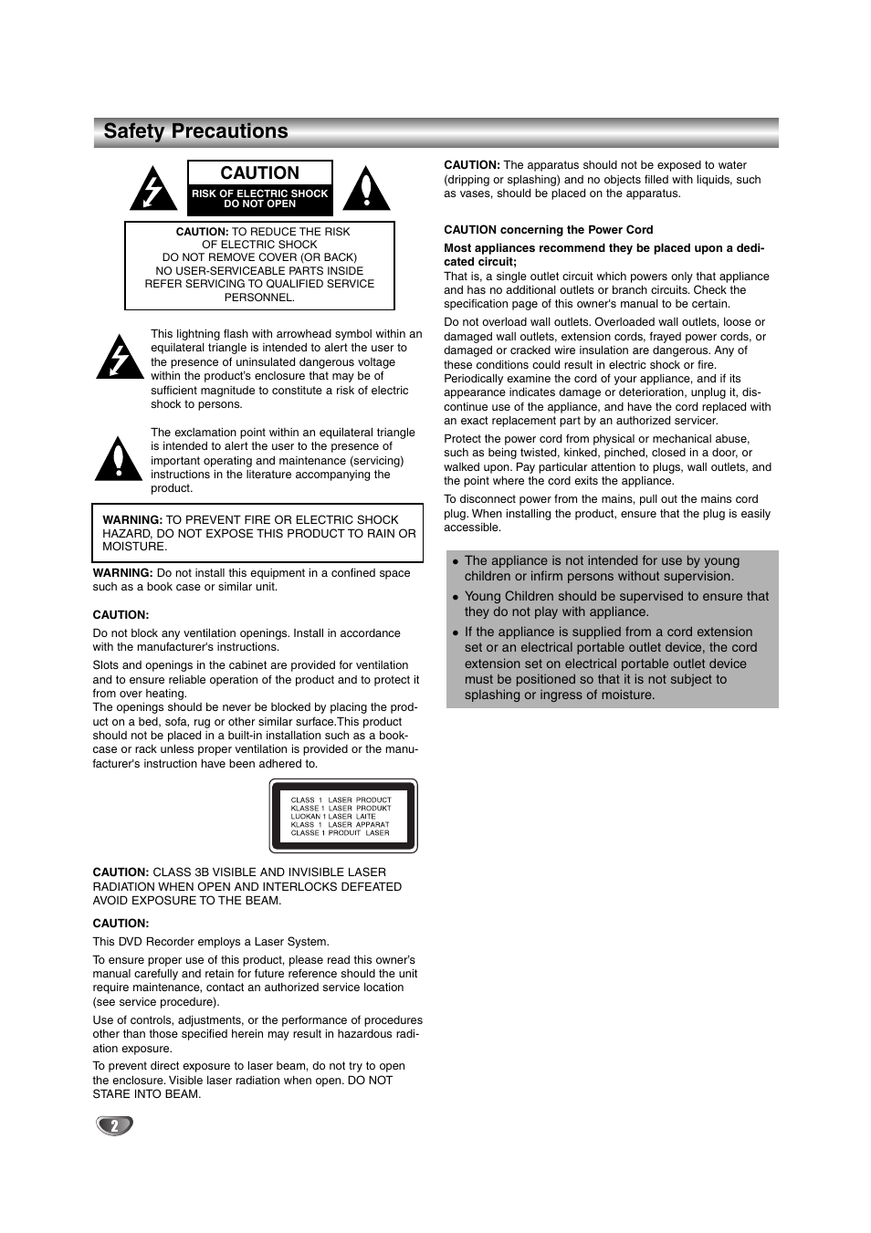 Safety precautions, Caution | NEC NDRV-62 User Manual | Page 2 / 61