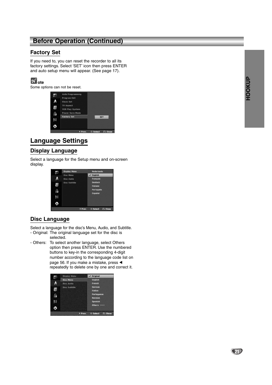 Before operation (continued), Language settings | NEC NDRV-62 User Manual | Page 21 / 61