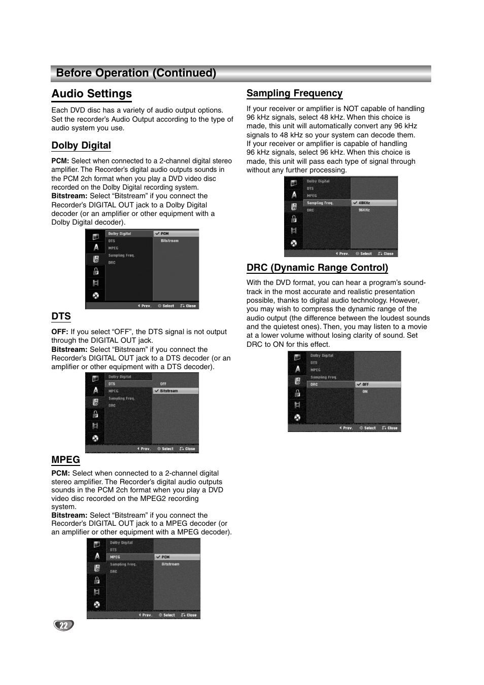 Before operation (continued) audio settings | NEC NDRV-62 User Manual | Page 22 / 61