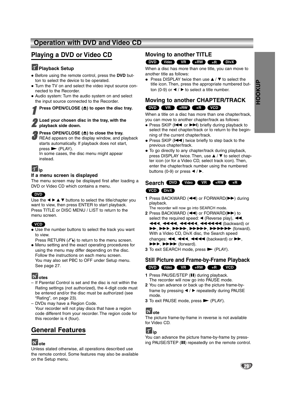 General features, Hookup, Moving to another title | Moving to another chapter/track, Search, Still picture and frame-by-frame playback | NEC NDRV-62 User Manual | Page 29 / 61