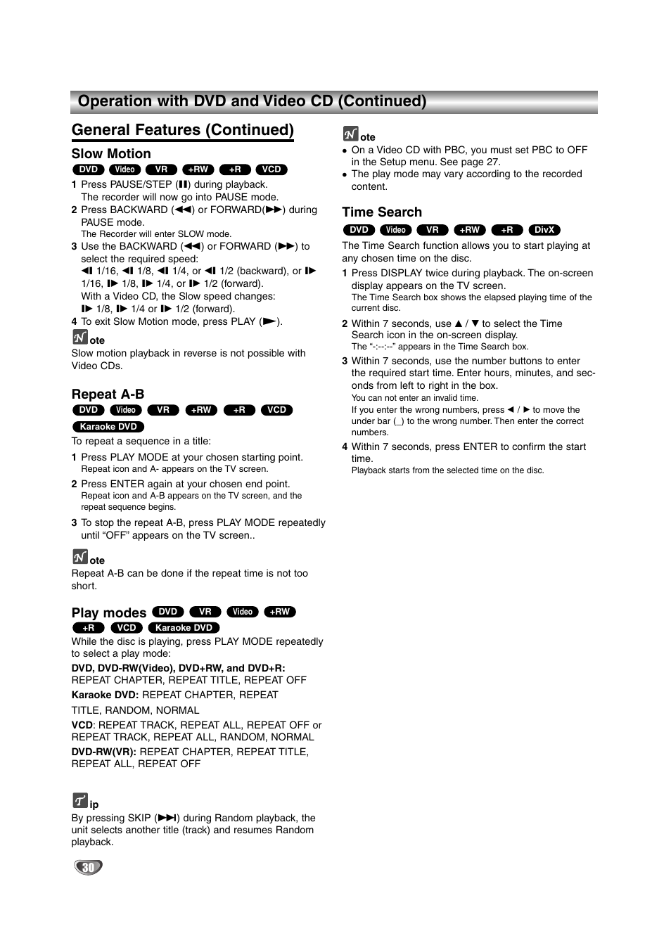 Slow motion, Repeat a-b, Play modes | Time search | NEC NDRV-62 User Manual | Page 30 / 61