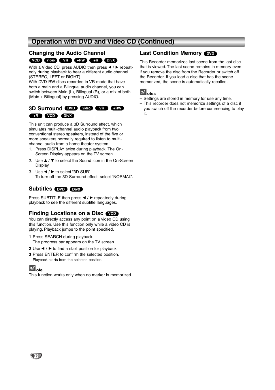 Operation with dvd and video cd (continued), Changing the audio channel, 3d surround | Subtitles, Finding locations on a disc | NEC NDRV-62 User Manual | Page 32 / 61