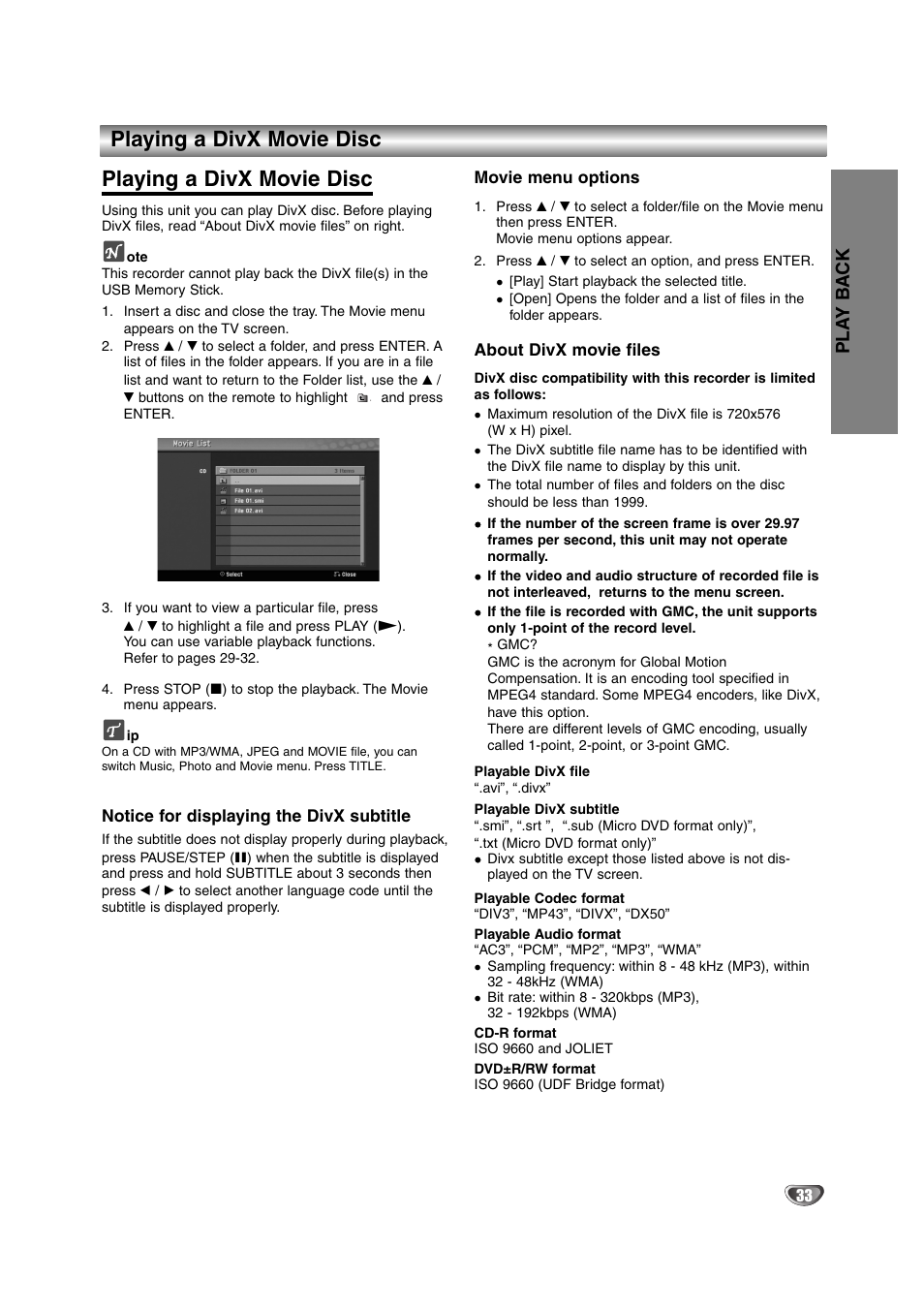 Playing a divx movie disc | NEC NDRV-62 User Manual | Page 33 / 61