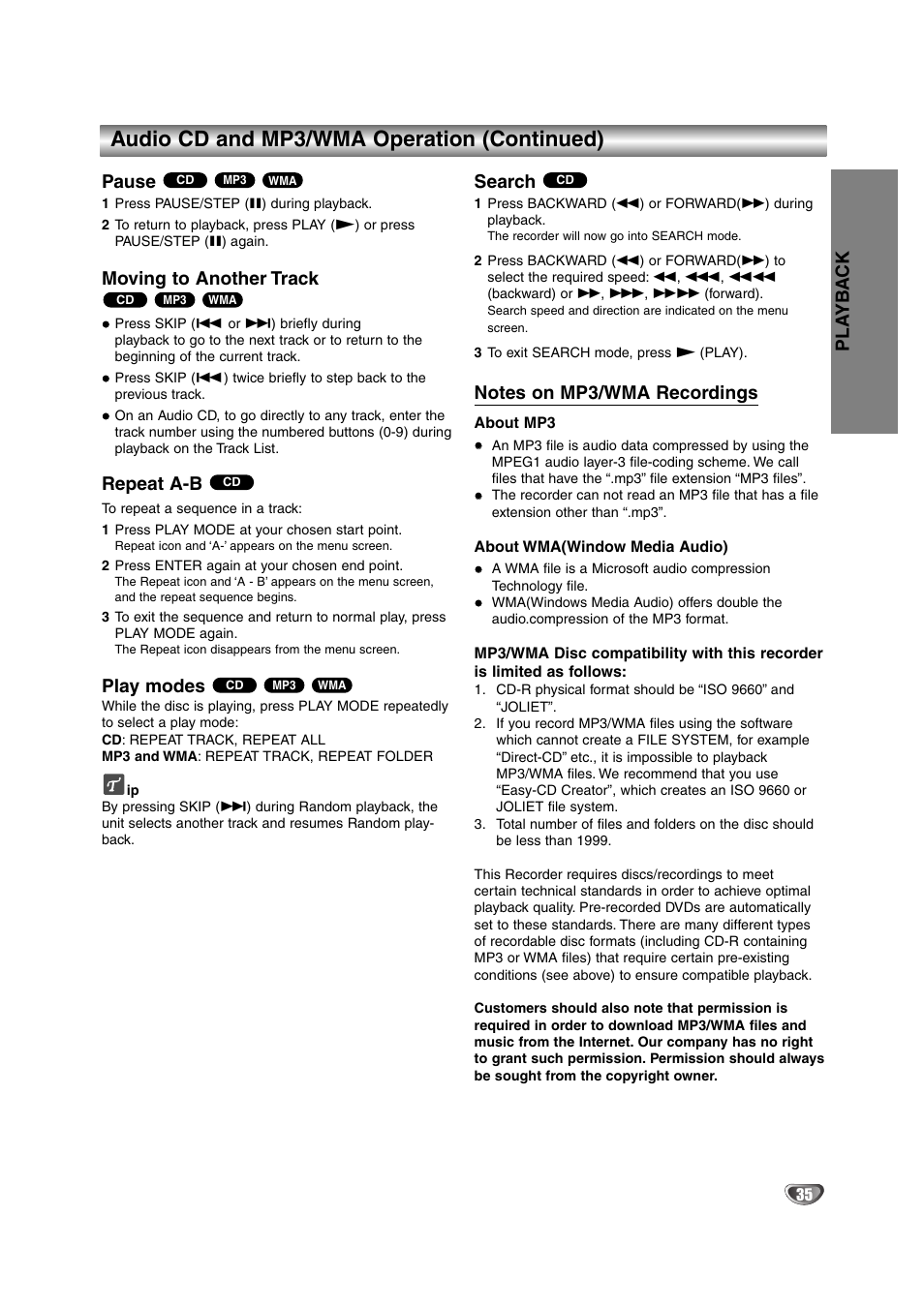Audio cd and mp3/wma operation (continued), Pla yb a c k, Pause | Moving to another track, Repeat a-b, Play modes, Search | NEC NDRV-62 User Manual | Page 35 / 61