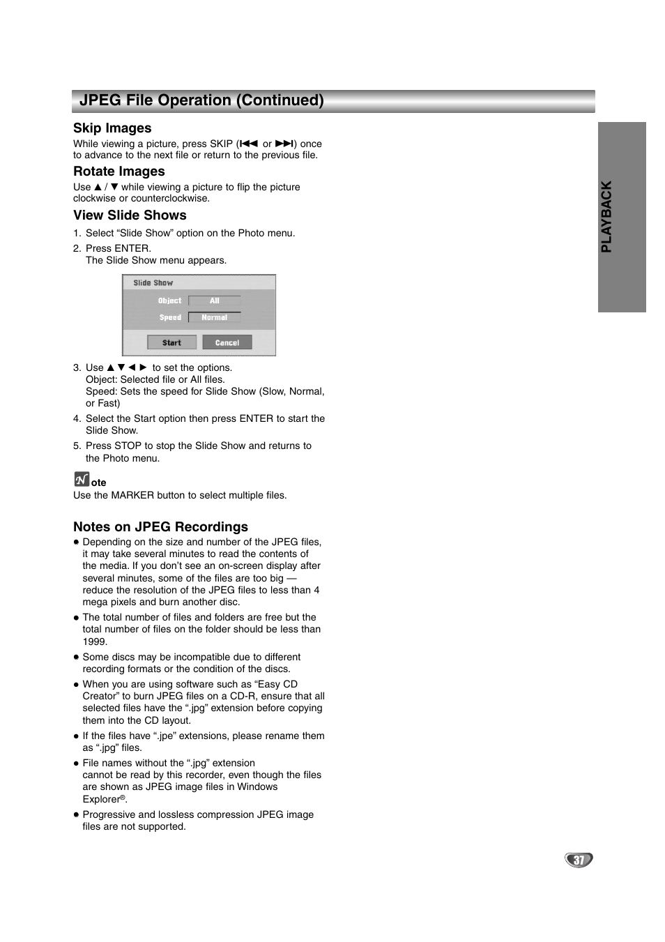 Jpeg file operation (continued), Skip images, Rotate images | View slide shows, Pla yb a c k | NEC NDRV-62 User Manual | Page 37 / 61