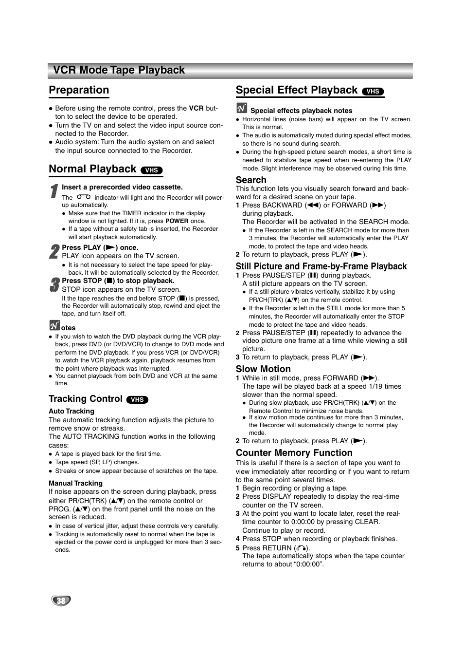 Vcr mode tape playback preparation, Normal playback, Special effect playback | NEC NDRV-62 User Manual | Page 38 / 61