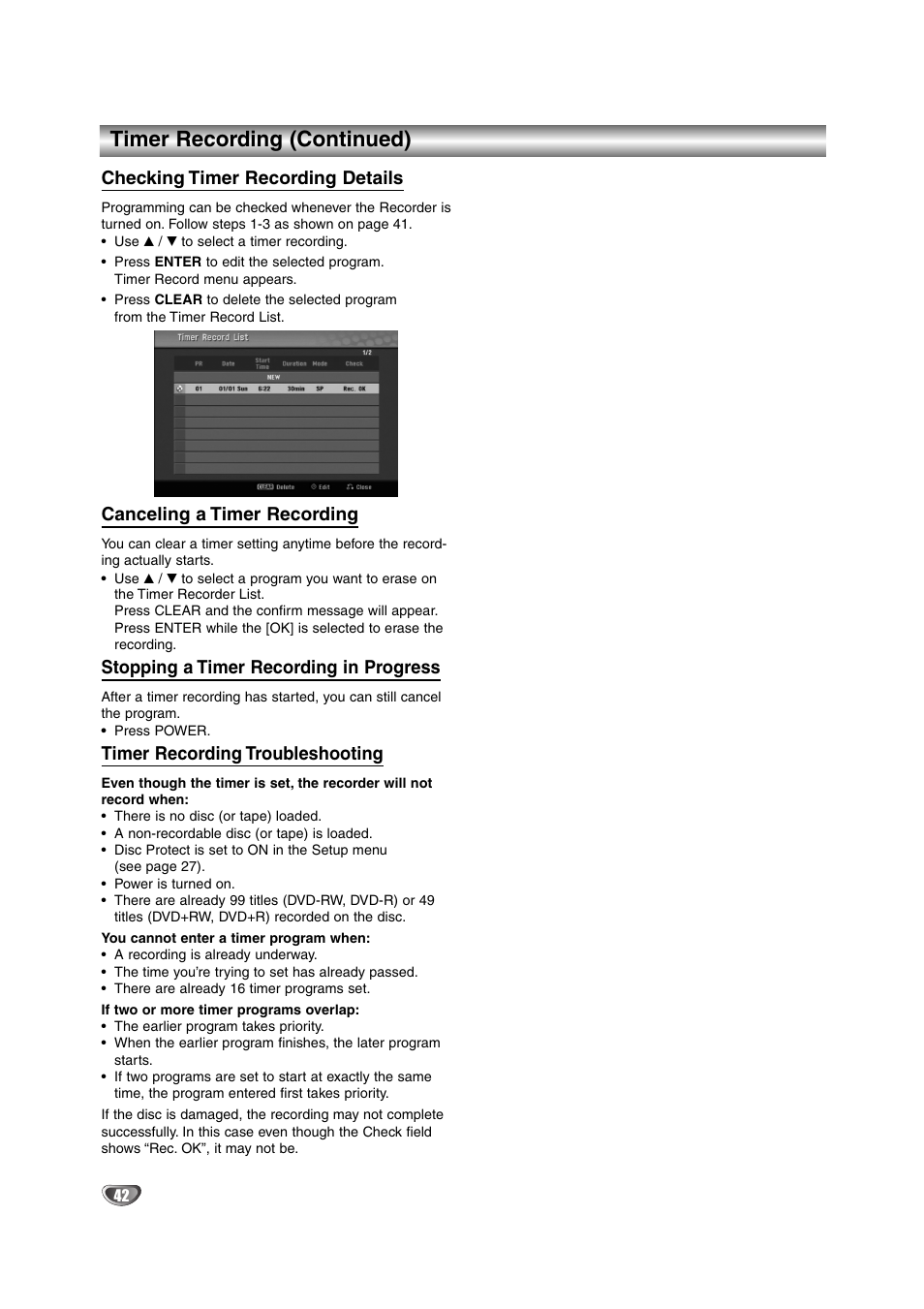 Timer recording (continued), Checking timer recording details, Canceling a timer recording | Stopping a timer recording in progress, Timer recording troubleshooting | NEC NDRV-62 User Manual | Page 42 / 61
