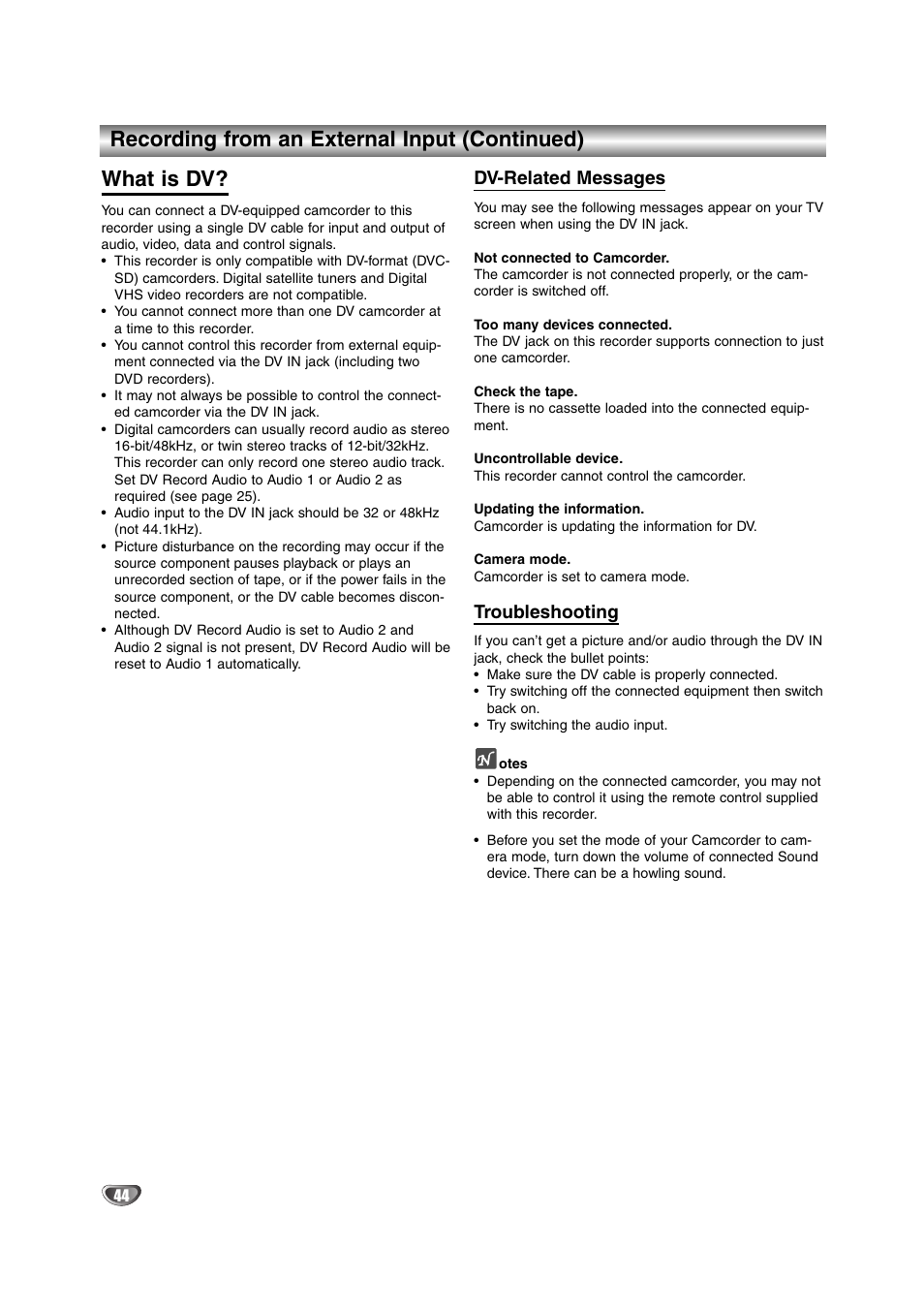 Dv-related messages, Troubleshooting | NEC NDRV-62 User Manual | Page 44 / 61